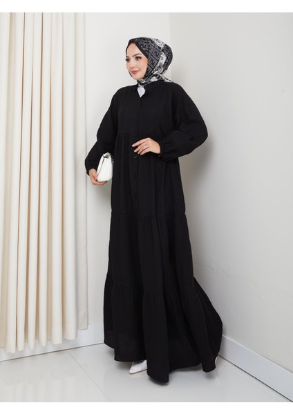 Kadın Düğmeli Kat Detaylı Siyah Keten Elbise fiyatları