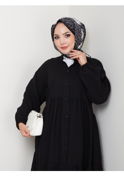 Kadın Düğmeli Kat Detaylı Siyah Keten Elbise fırsatları