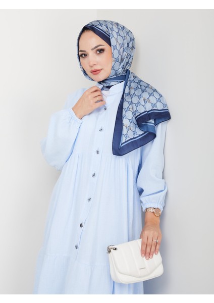 Kadın Düğmeli Kat Detaylı Mavi Keten Elbise modelleri