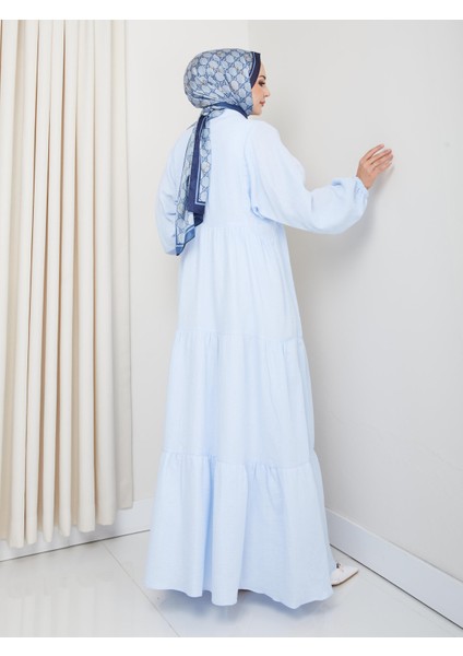 Kadın Düğmeli Kat Detaylı Mavi Keten Elbise indirimleri