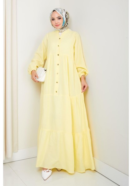 Kadın Düğmeli Kat Detaylı Sarı Keten Elbise