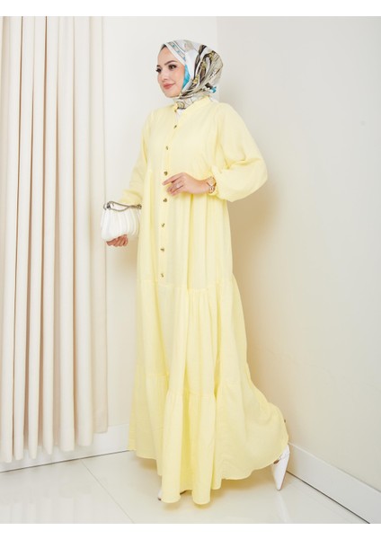 Kadın Düğmeli Kat Detaylı Sarı Keten Elbise fiyatları