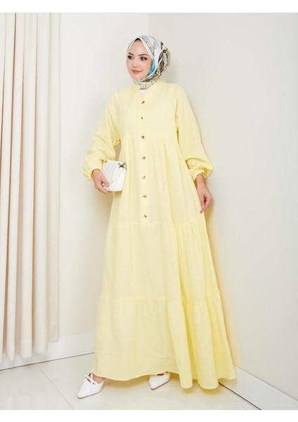 Kadın Düğmeli Kat Detaylı Sarı Keten Elbise modelleri