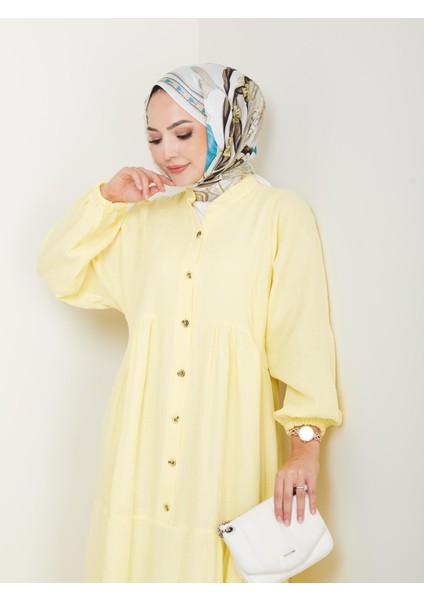 Kadın Düğmeli Kat Detaylı Sarı Keten Elbise fırsatları