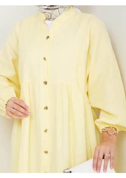 Kadın Düğmeli Kat Detaylı Sarı Keten Elbise indirimleri