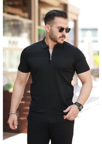 Erkek Göğüs Pirinç Desenli Fermuar Yakalı Kısa Kollu Tişört