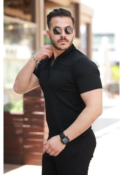 Erkek Göğüs Pirinç Desenli Fermuar Yakalı Kısa Kollu Tişört fiyatları