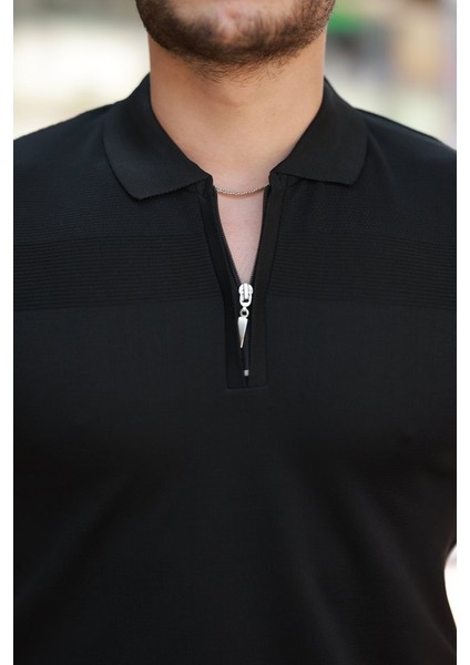 Erkek Göğüs Pirinç Desenli Fermuar Yakalı Kısa Kollu Tişört modelleri