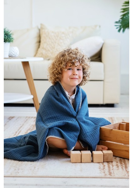 4 Katlı Premium %100 Pamuk Çoban Dikişli Müslin Battaniye| 120x120 cm | Navy