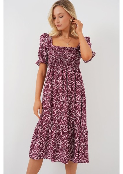 Kısa Kol Çiçekli Elbise 2556 - Bordo