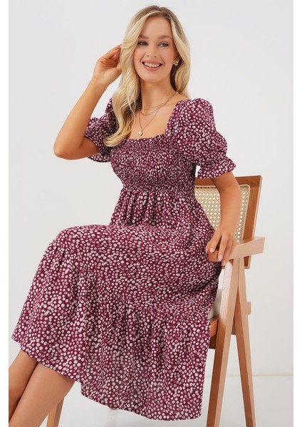 Kısa Kol Çiçekli Elbise 2556 - Bordo fiyatları