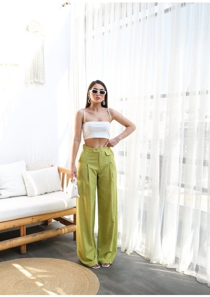 Keten Düğme Detayli Dökümlü Palazzo Pantolon