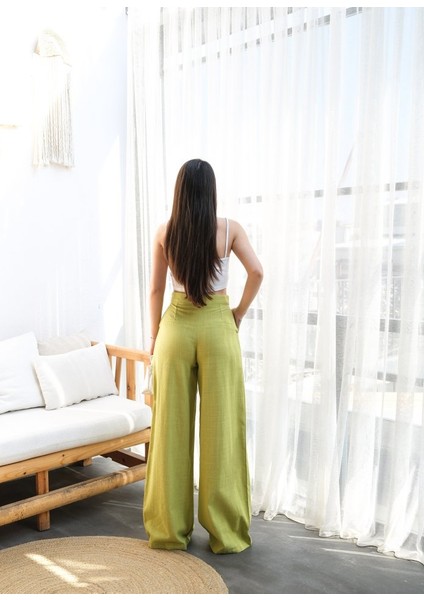 Keten Düğme Detayli Dökümlü Palazzo Pantolon fiyatları