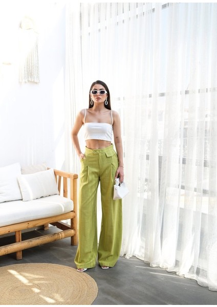 Keten Düğme Detayli Dökümlü Palazzo Pantolon fırsatları