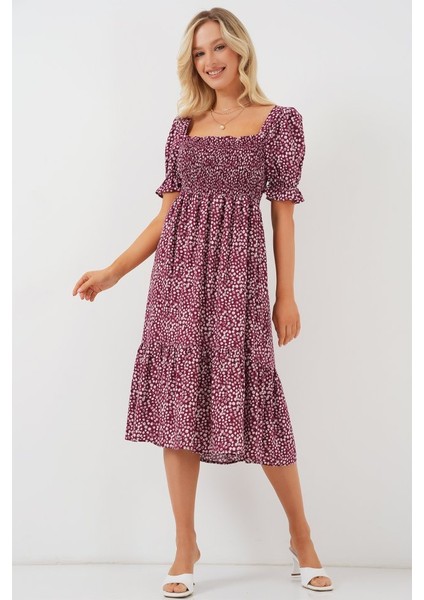Kısa Kol Çiçekli Elbise 2556 - Bordo modelleri