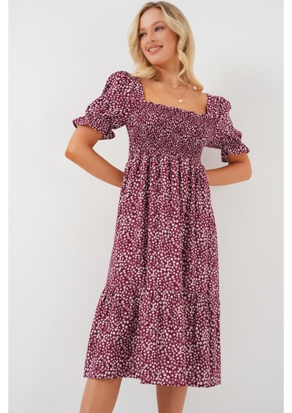 Kısa Kol Çiçekli Elbise 2556 - Bordo fırsatları