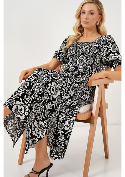 2512 Desenli Yırtmaçlı Elbise - D. Siyah