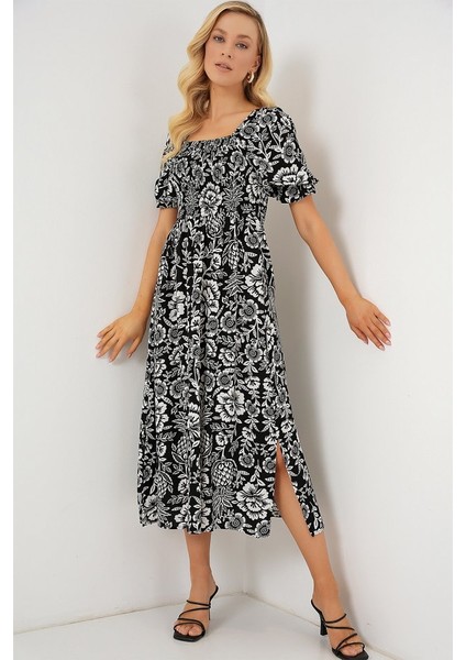 2512 Desenli Yırtmaçlı Elbise - D. Siyah fiyatları