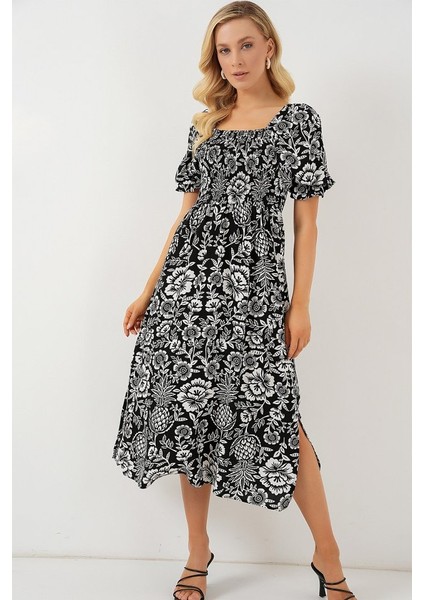 2512 Desenli Yırtmaçlı Elbise - D. Siyah modelleri