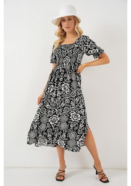 2512 Desenli Yırtmaçlı Elbise - D. Siyah fırsatları