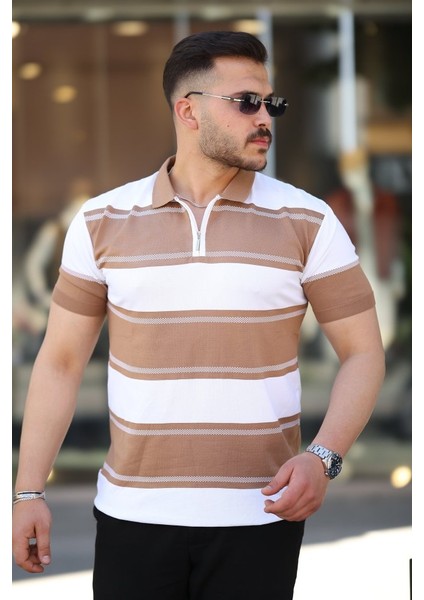 Erkek Yakalı Fermuarlı Çift Renk Kısa Kollu T-Shirt