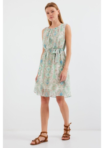 2501 Desenli Sıfır Kol Şifon Elbise - Mint fırsatları