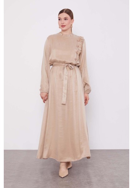 Krem Çiçek Taş Detaylı Cupra Elbise