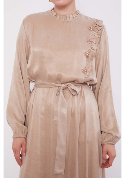 Krem Çiçek Taş Detaylı Cupra Elbise indirimleri