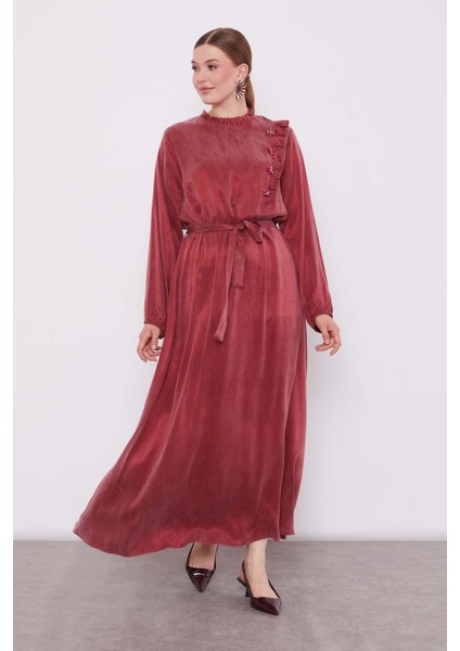 Bordo Çiçek Taş Detaylı Cupra Elbise