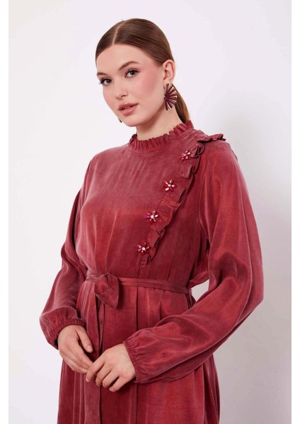 Bordo Çiçek Taş Detaylı Cupra Elbise modelleri