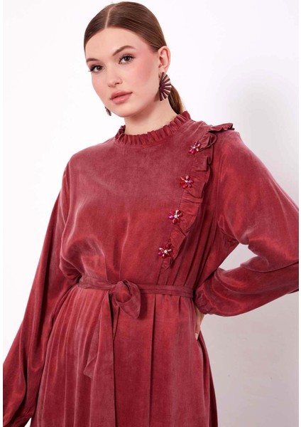 Bordo Çiçek Taş Detaylı Cupra Elbise fırsatları