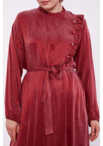 Bordo Çiçek Taş Detaylı Cupra Elbise indirimleri