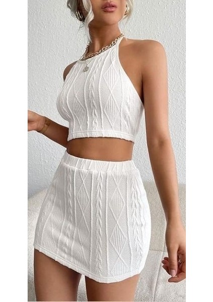 Kadın Sıfır Kol Crop Mini Etek Ikili Triko Takım indirimleri