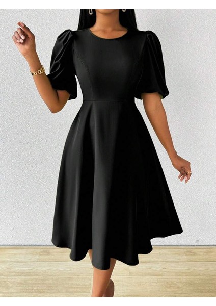 Kadın Kısa Balon Kollu Bisiklet Yaka Kiloş Janjan Krep Elbise modelleri