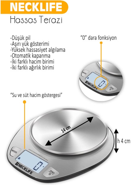 Necklife Sıvı ve Katı Ağırlık Ölçebilen Mutfak Terazisi 5kg / 1gr