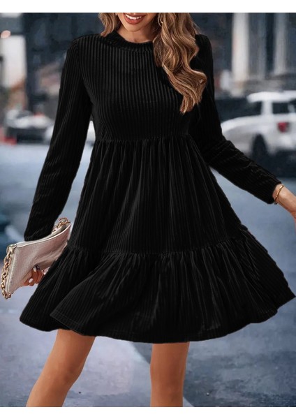 Kadın Uzun Kollu Bisiklet Yaka Pileli Kalın Fitilli Kaşkorse Elbise fiyatları