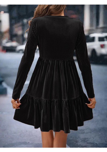 Kadın Uzun Kollu Bisiklet Yaka Pileli Kalın Fitilli Kaşkorse Elbise modelleri