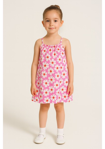 Lupinn Moda Kız Çocuk Pembe Askılı Çiçek Desenli Yazlık Elbise