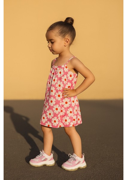 Lupinn Moda Kız Çocuk Pembe Askılı Çiçek Desenli Yazlık Elbise fiyatları