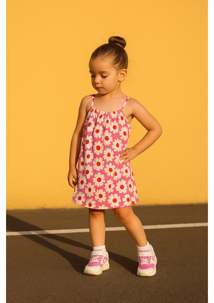 Lupinn Moda Kız Çocuk Pembe Askılı Çiçek Desenli Yazlık Elbise modelleri