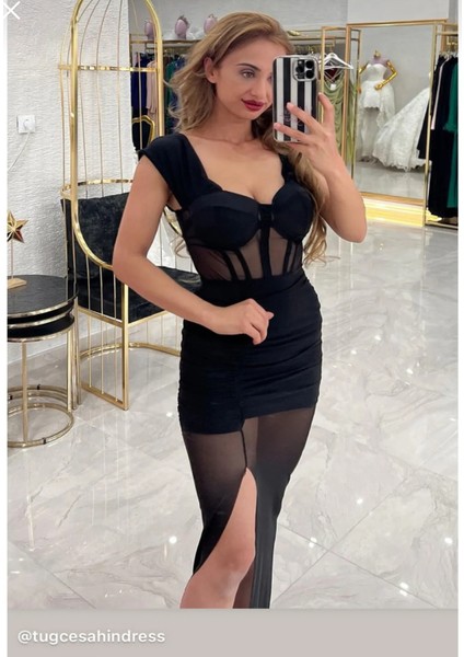 Trasparan Göğüs Cuplu Yırtmaçlı Elbise fiyatları