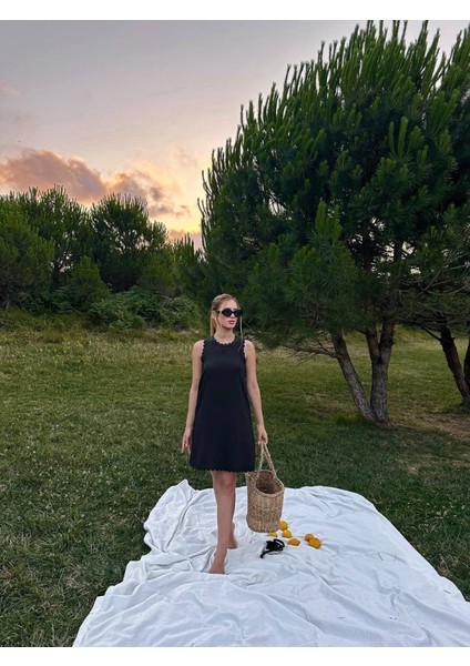 Kadın Keten Kumaş Kolsuz Mini Boy Elbise