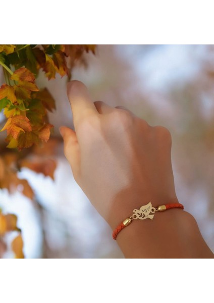 Altın Plakalı 14 Ayar Ayşe Ismine Özel Kuş Figürlü Hakiki Turuncu Derili Hediye BILEKLIK-468ISIM