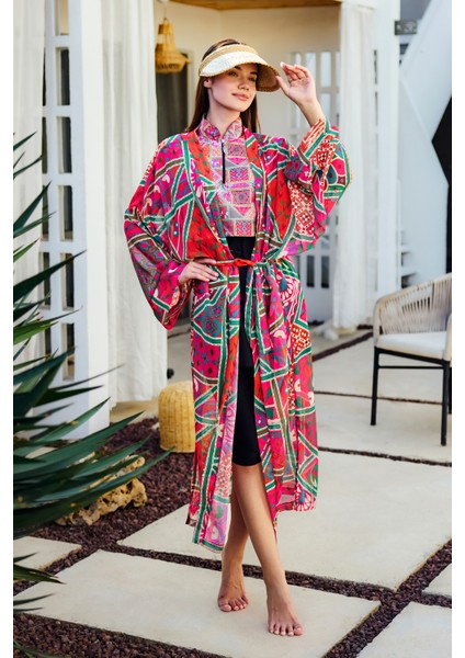 Remsa Tesettür Mayo Üzerine Tek Kaftan Kimono Pareo Pembe RP031 Arzu