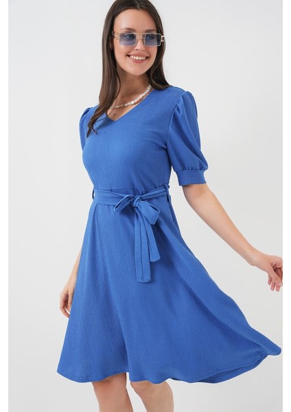 2370 Kuşaklı Örme Elbise - Saks