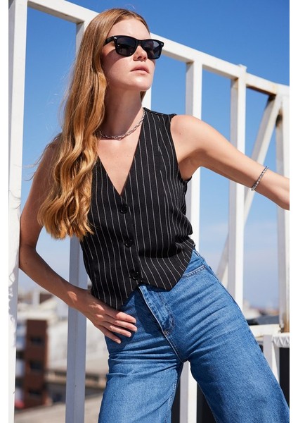 6794 Çizgili Dokuma Yelek - Siyah modelleri