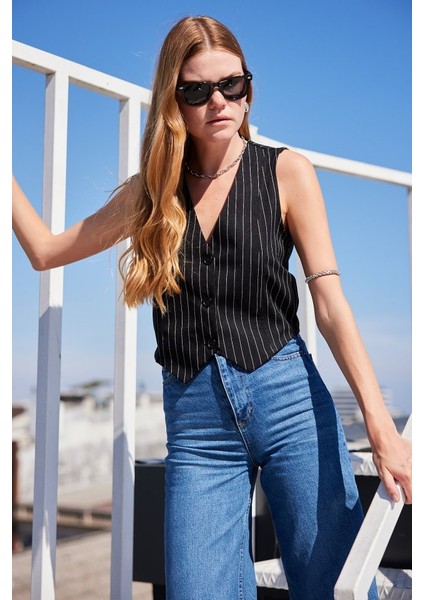 6794 Çizgili Dokuma Yelek - Siyah fırsatları