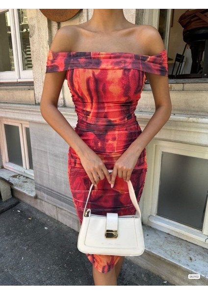 Kadın Madonna Yaka Dalga Desen Midi Boy Şifon Elbise