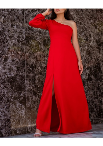 Tek Omuz Açık Derin Yırtmaçlı Krep Tam Boy Elbise fiyatları