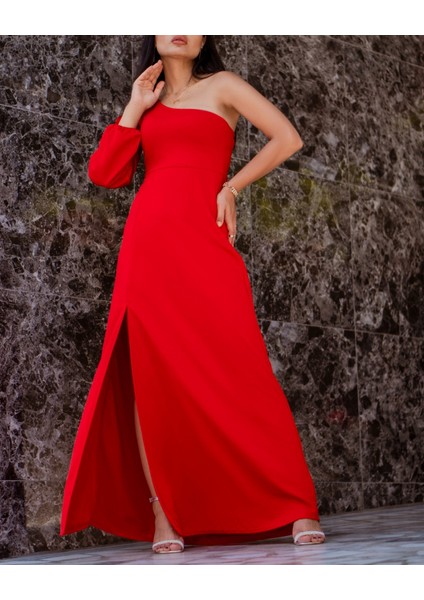Tek Omuz Açık Derin Yırtmaçlı Krep Tam Boy Elbise modelleri
